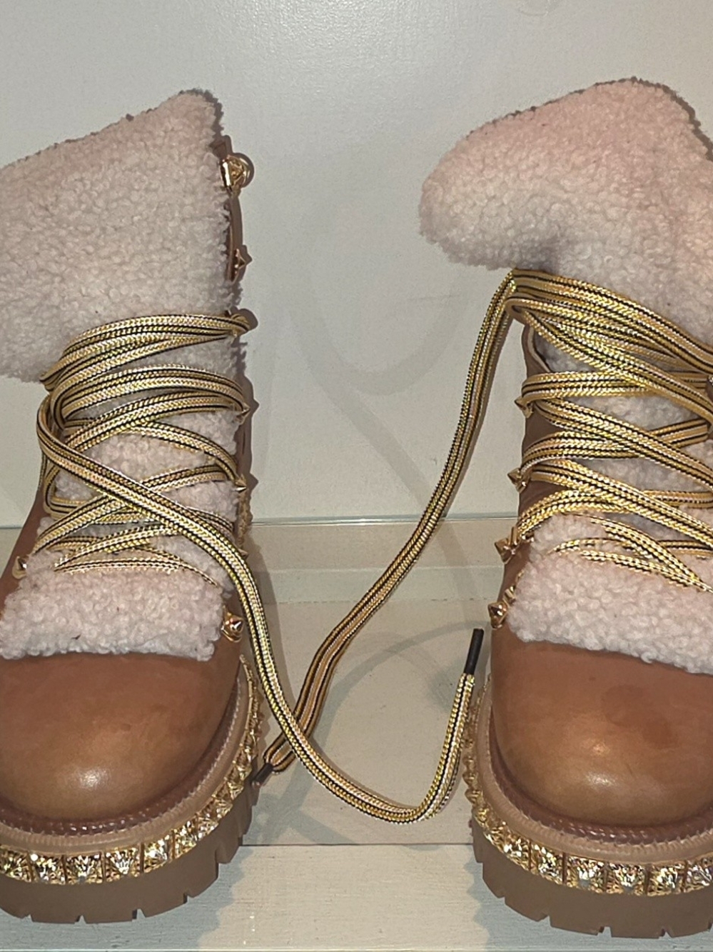 Shearling-Trim Tan Leather Winter Lace-Up Boots